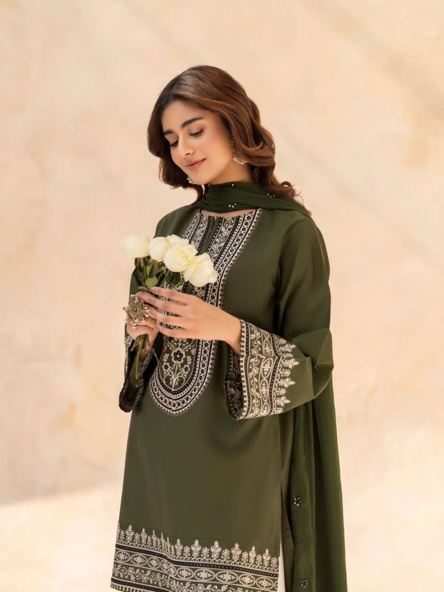 Olive Embroidered Kurta Set