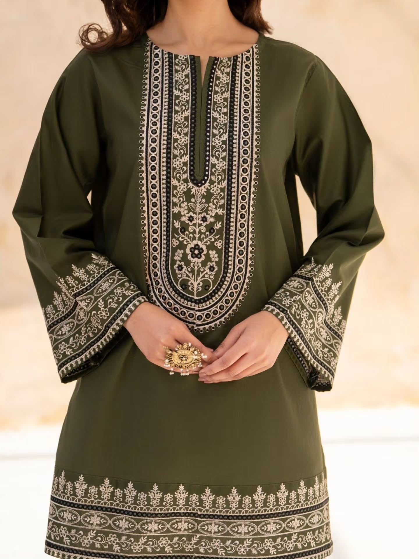 Olive Embroidered Kurta Set