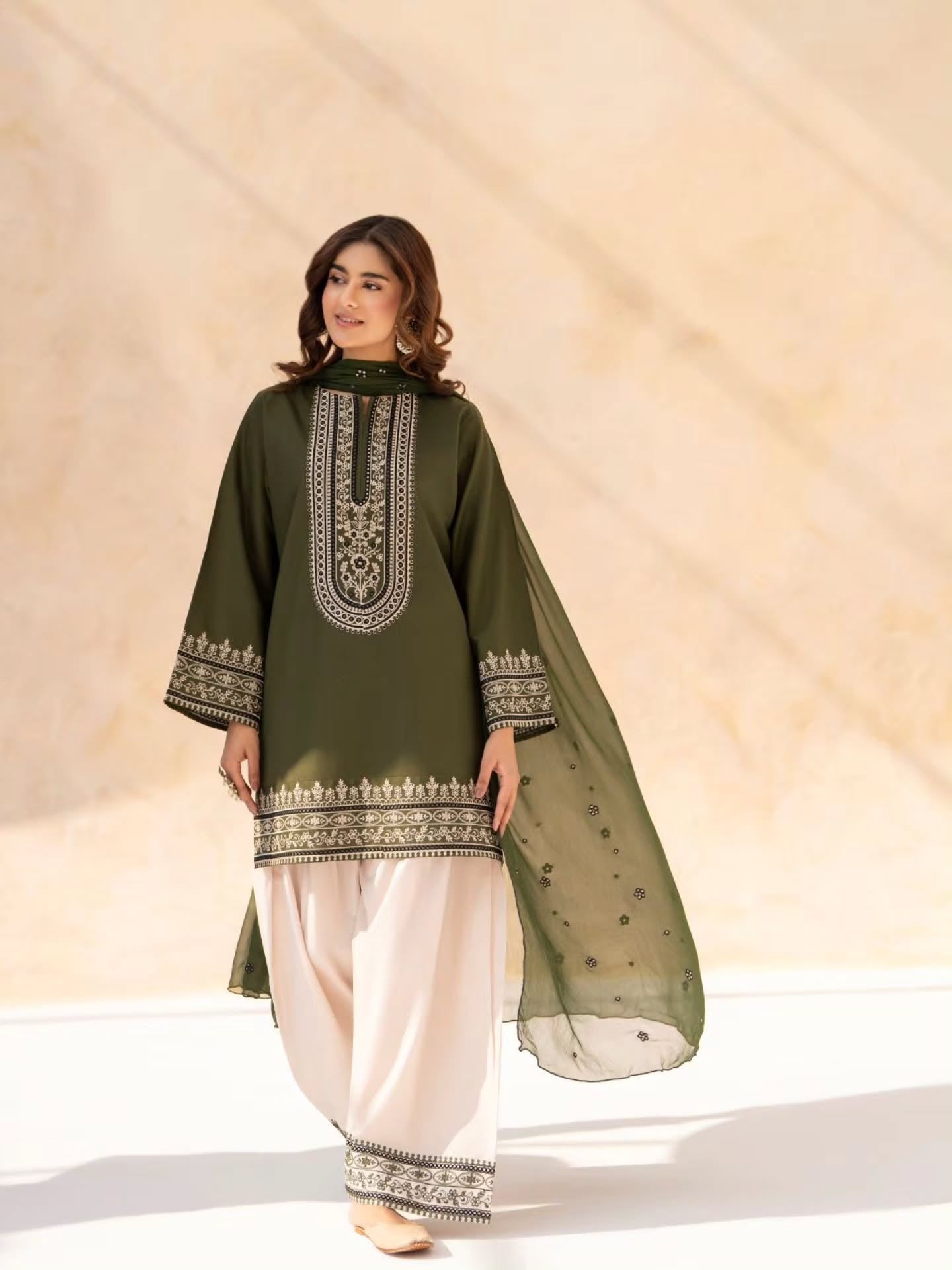 Olive Embroidered Kurta Set