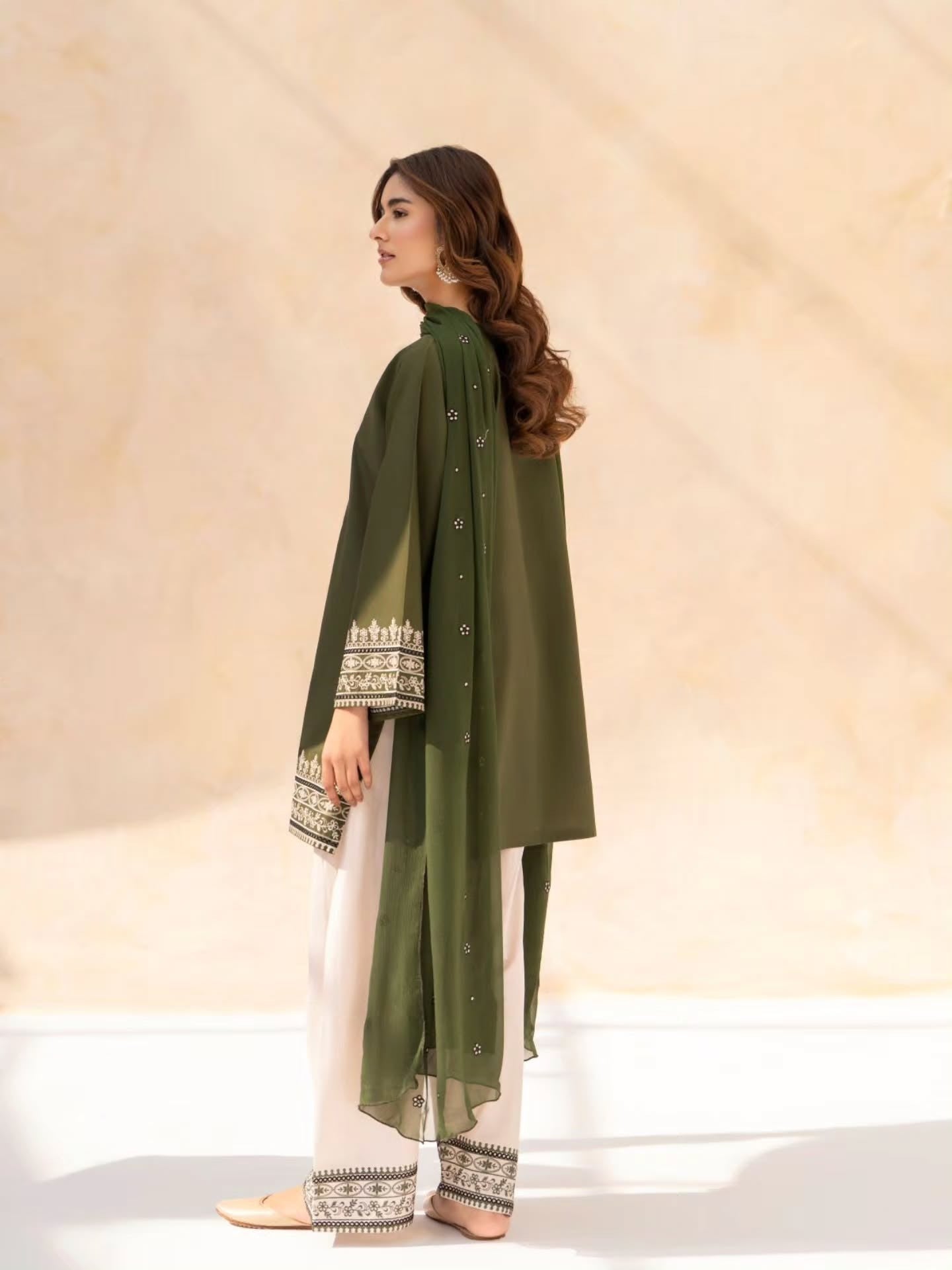 Olive Embroidered Kurta Set