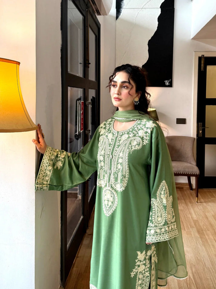 Elegant Olive Green Embroidered 3-Piece Lawn Suit