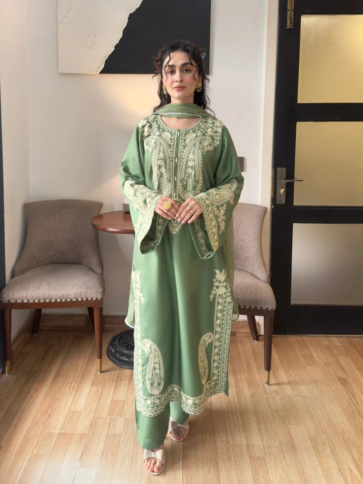 Elegant Olive Green Embroidered 3-Piece Lawn Suit