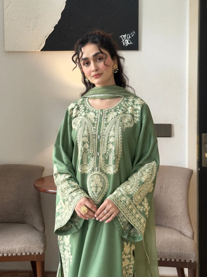 Elegant Olive Green Embroidered 3-Piece Lawn Suit