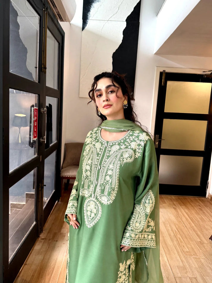 Elegant Olive Green Embroidered 3-Piece Lawn Suit