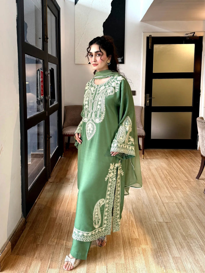Elegant Olive Green Embroidered 3-Piece Lawn Suit